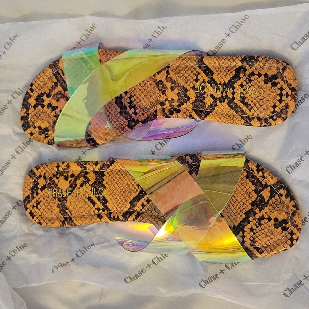 NWT, CHASE +  CHLOE IRMA-4 ORANGE SNAKE SANDALS, SIZE 7